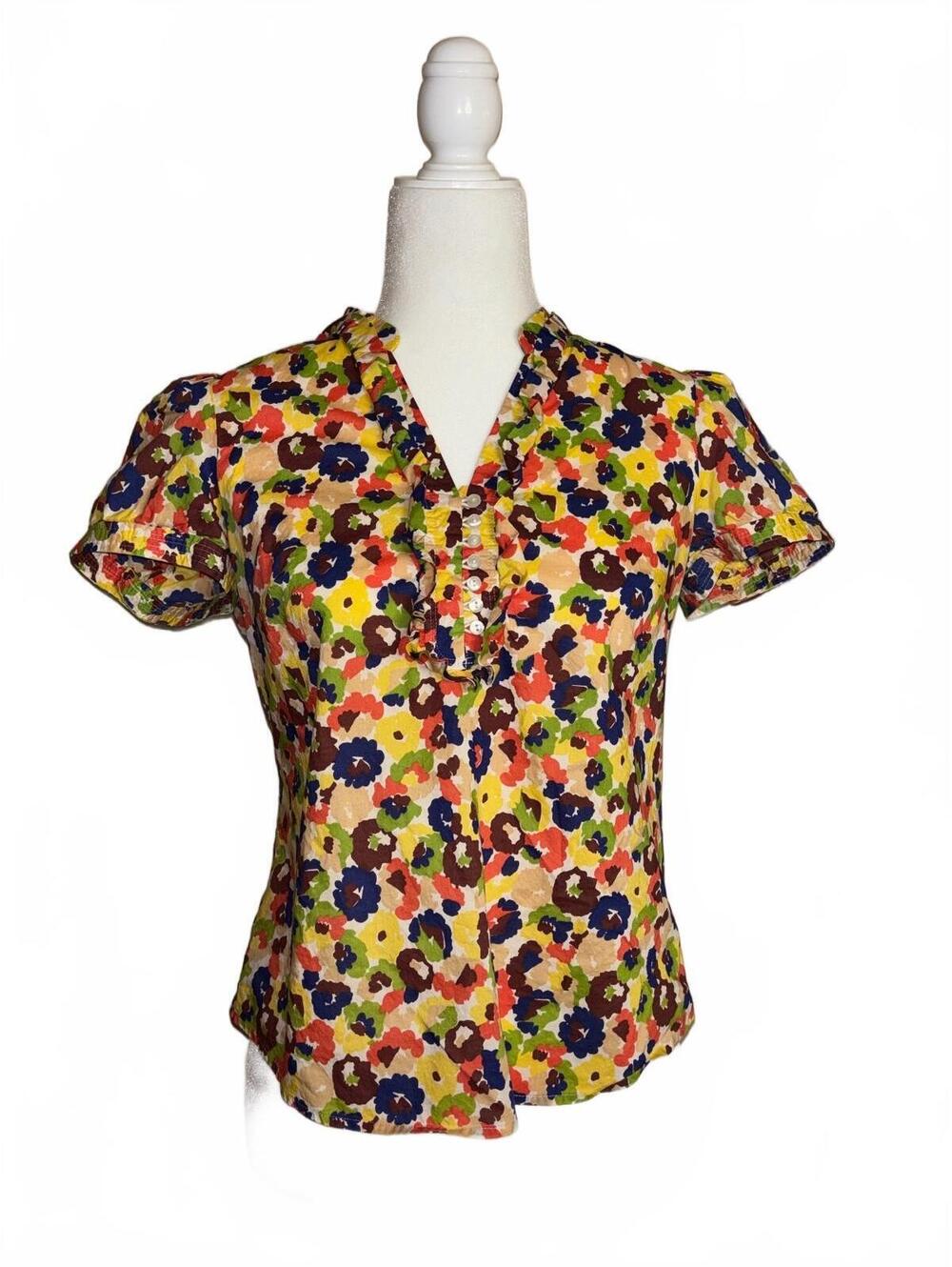 LOFT Vibrant Multicolored Floral Short sleeve Ruffle Blouse